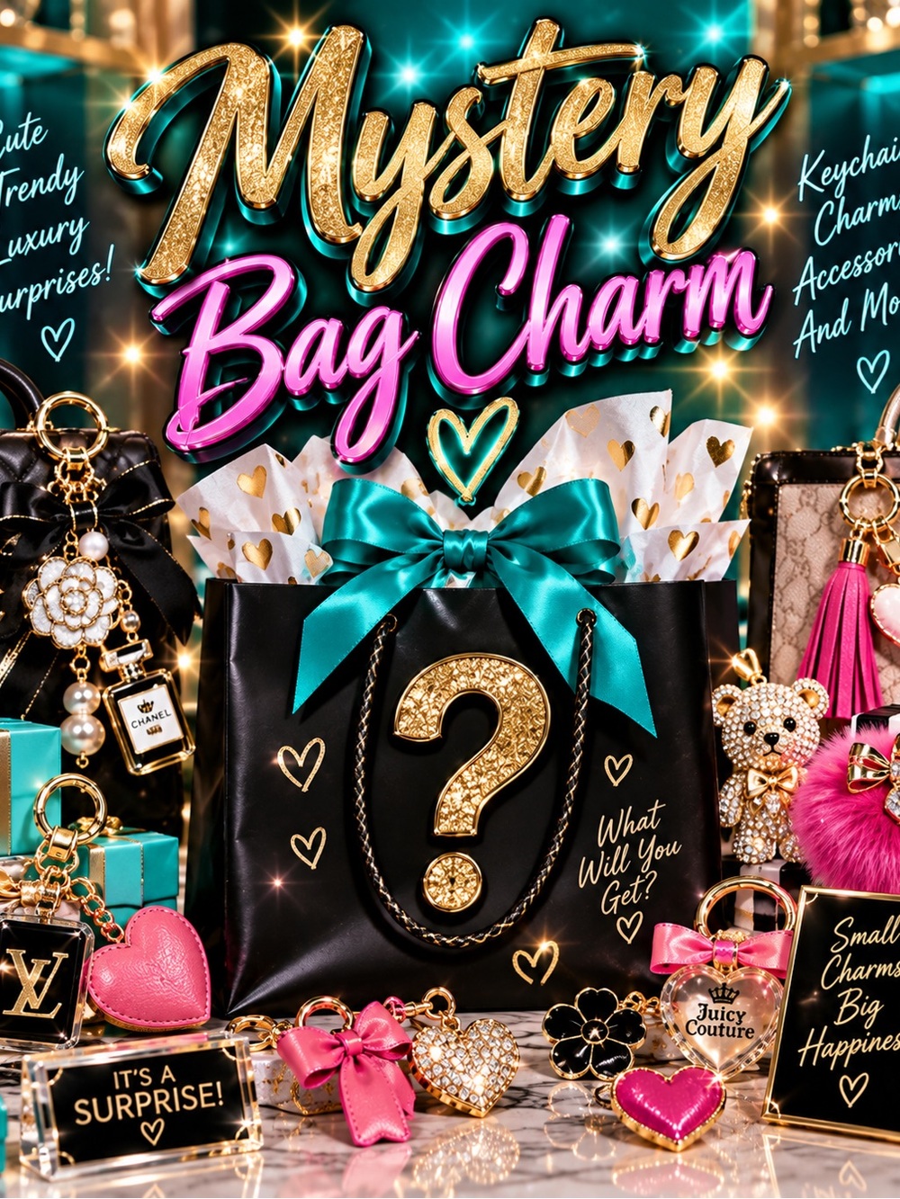 Unlisted Black Mystery Bag Charm Set with Teal Ribbon & Gold Accents